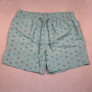 ROWM Swim Trunks Mens Large Teal Tiki Palm Tree Ukulele Print Mesh Lined Shorts